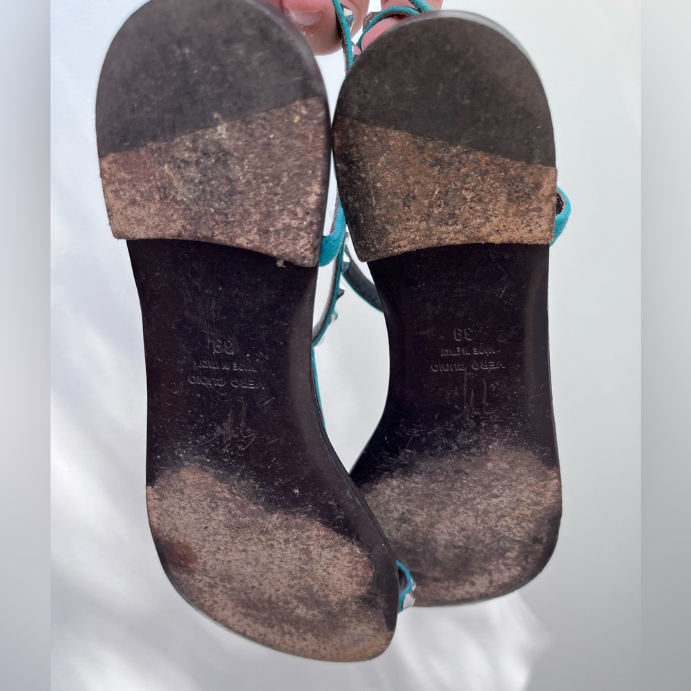 Giuseppe Zanotti Size 39 flat sandals blue suede straps adjustable ankle strap - Picture 3 of 13
